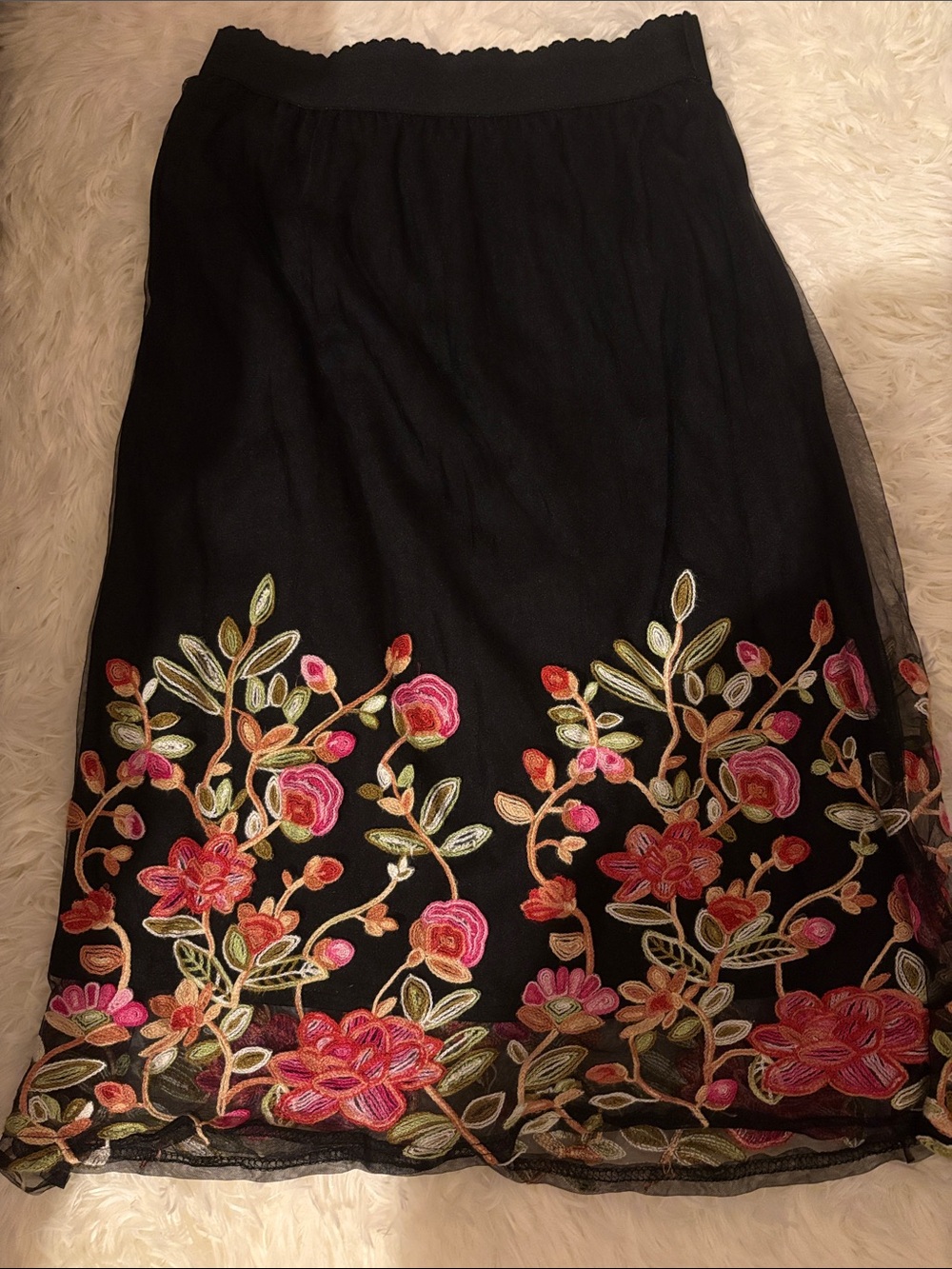Black Floral Embroidered A-Line Skirt